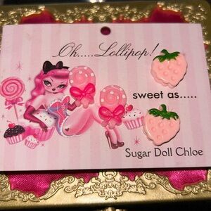 Pink Strawberry juicy candy earrings oh lollipop stud post pinup rockabilly doll
